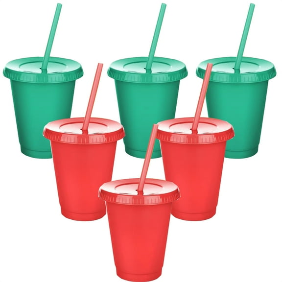 TGY 6 Pack Plastic Cups with Lids and Straw,16 oz Reusable Tumblers,Leak Proof Iced Coffee Travel Mug,Frosted Water Bottle,Party Favor Cups,for Wedding Birthday (Red Green)
