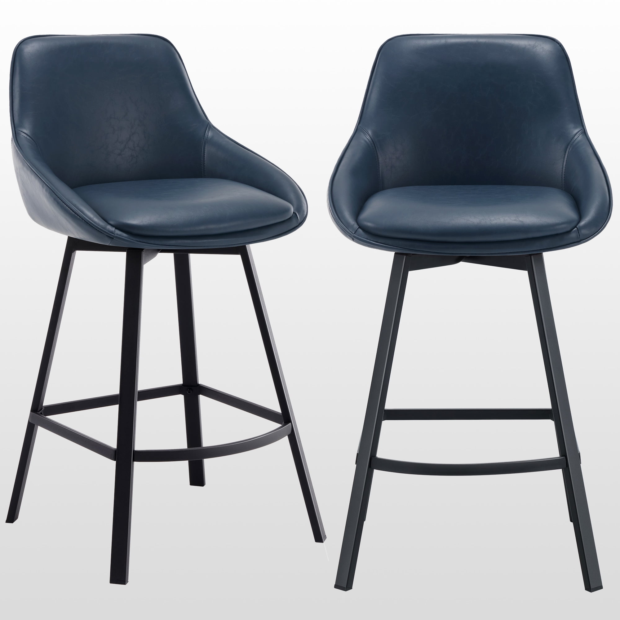 Zesthouse 25.6" Swivel Counter Height Bar Stools Set of 2, Modern Counter Height Chairs with Backs and Metal Legs, Upholstered Faux Leather Barstools for Kitchen Island, Blue
