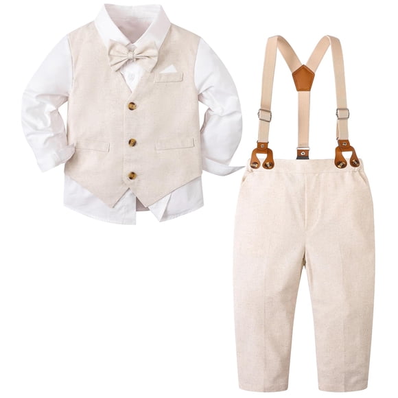 Traje SANGTREE de lino de 5 piezas para niños, color caqui, 4-5T