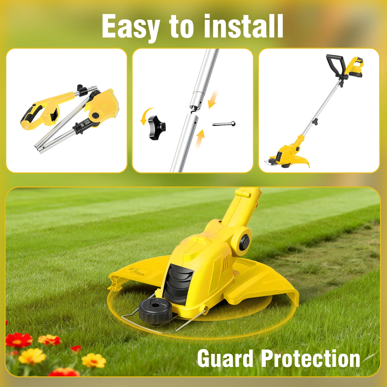 CATGOOD Cordless Weed Wacker, 12 Inch Electric String Trimmer with 10 lines and 2 Batteries, 3-in-1 Lawn Edger with Pivoting Head, Yellow