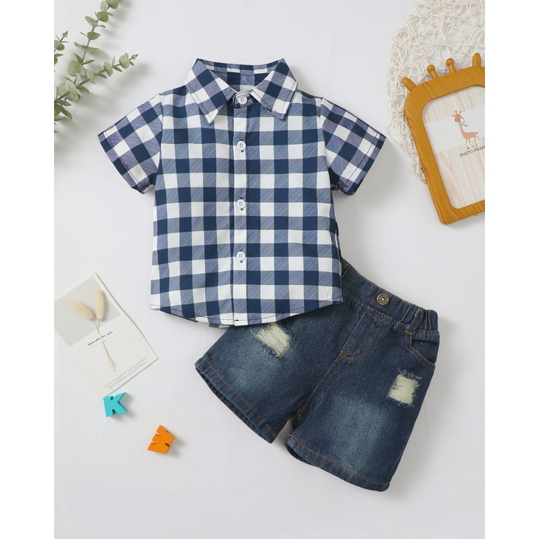 Baby Boy Outfits 18 Months Boy Clothes Summer Plaid Blue Short Sleeve Shirt Denim Shorts Set 18 24 Month Boy Clothes Walmart