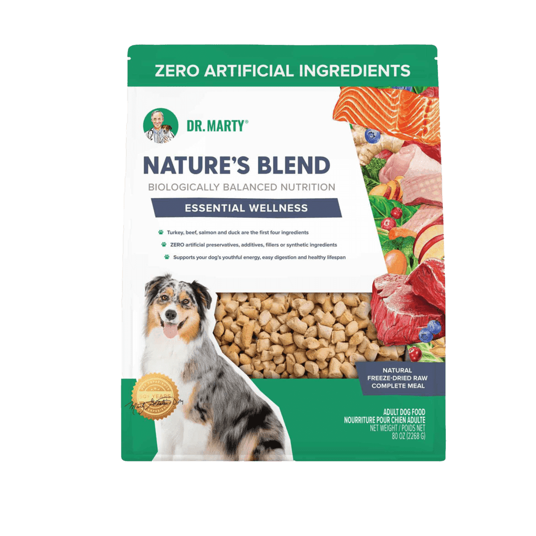 Dr. Marty Nature's Blend Essential Wellness, Freeze Dried Raw Adult Dog Food, High Protein Adult Grain-Free Complete Meal with Real Turkey, Beef, Salmon & Duck, 80 oz (Value Size)