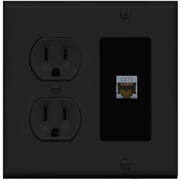 RiteAV CAT6-SHIELDED Wall Plate with Round Power Outlet [Black]