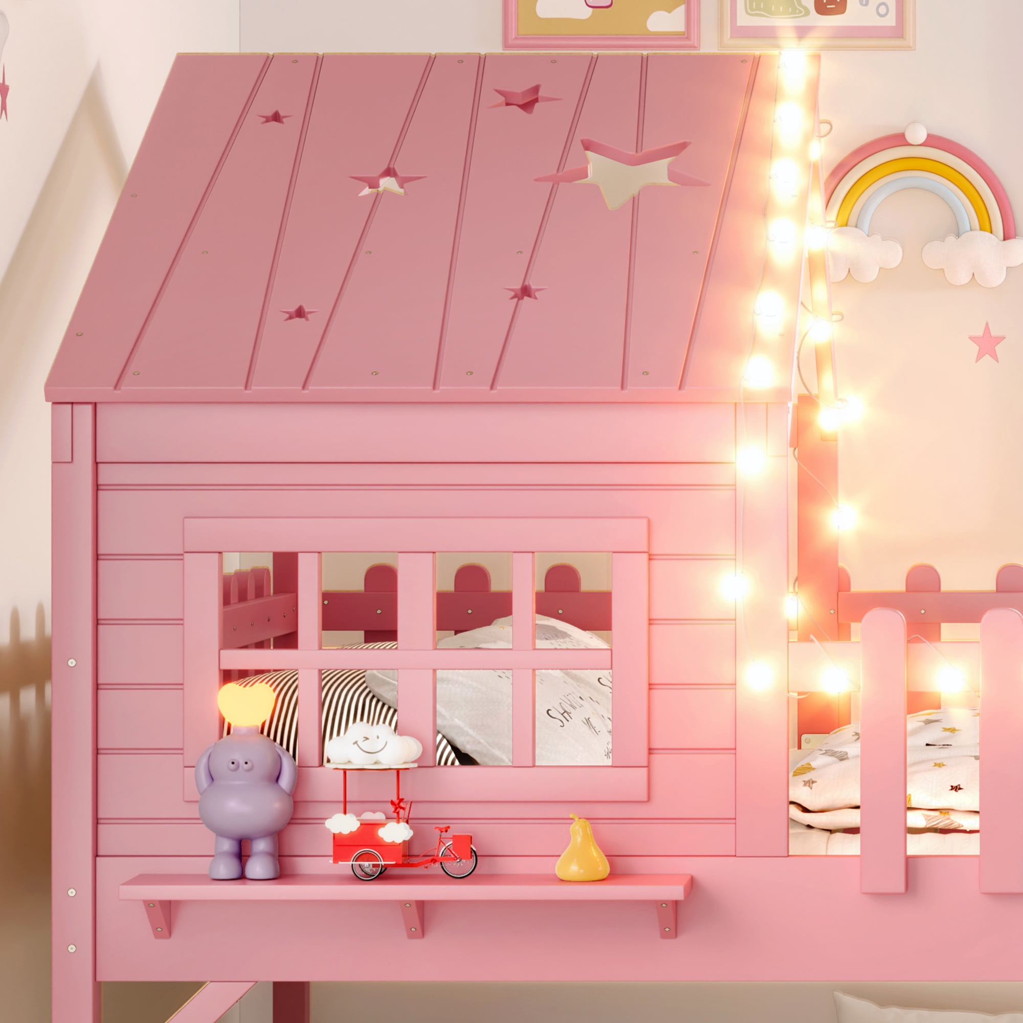 Mintazer Full Size Kids House Loft Bed with Slide & LED Lights, Modern Playhouse Bed with Star Shaped Designs & Ladder, No Box Spring Needed, Pink