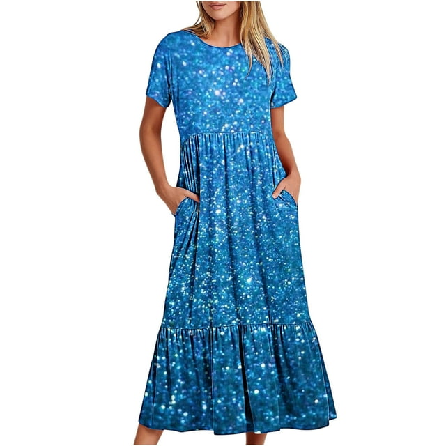 Hyknon Robes pour Femmes Mode Été Décontractée à Manches Courtes Col Rond Robe Décontractée Fluide à Étages Maxi Robe de Plage avec Poches Robe à Imprimé Brillant Décontractée Douce Fluide Coupe Ample Robes