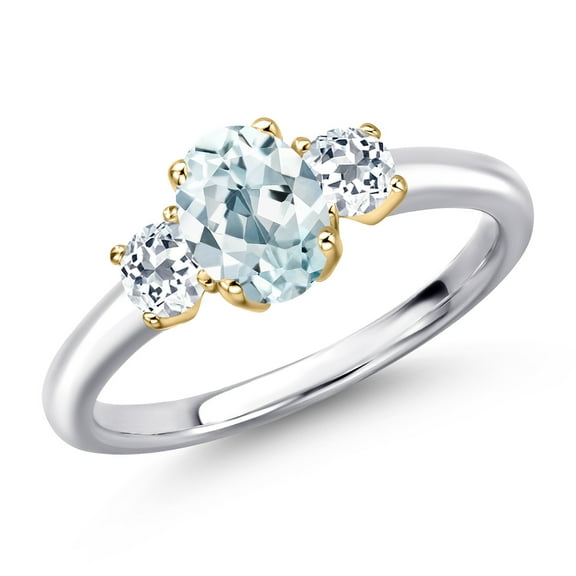 Gem Stone King 10K Two Tone Gold Sky Blue Aquamarine and White Topaz Engagement Ring for Women | 1.18 Cttw | Oval 7X5MM | Gemstone March Birthstone | Size 7