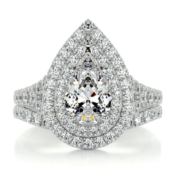 Blue Jewelry Elegant Double Halo 1.9 Ct Pear Cut Moissanite Ring – Set in 14K White Gold Plated – Moissanite – Ideal Women's Engagement Ring for Romantic Gifts and Celebrations