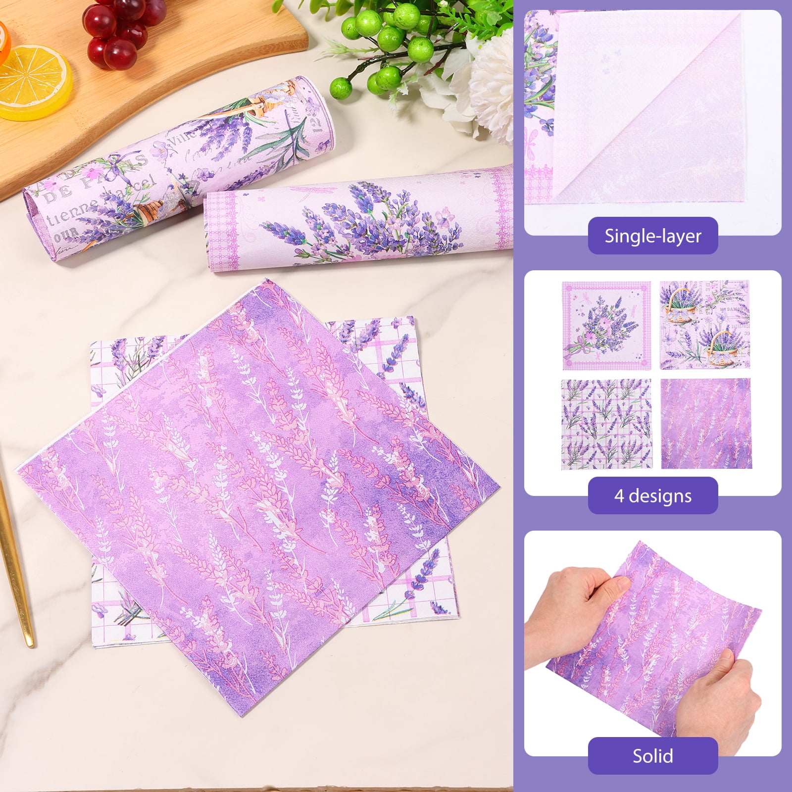 Atopoler 120 Pcs Floral Decoupage Napkins,Decorative Floral Paper Napkin,Flower Hand Towels for Celebrations Tea Party Dinner Wedding,Purple Color