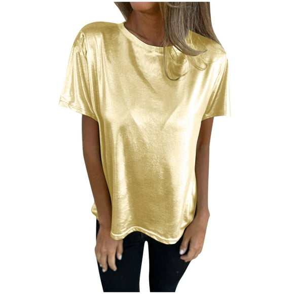 Women Tops Dressy Clearance Womens Trendy Shiny Tops Crew Neck Casual Summer T Shirts Loose Fitted Lightweight Short Sleeve Blouses New Gold XXL