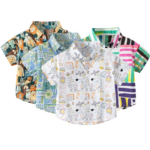 LYMAYTER Baby Boys Button down Short Sleeve Shirts Summer Cartoon Print Dress Shirt Tops for Toddler Kids 2-10Y