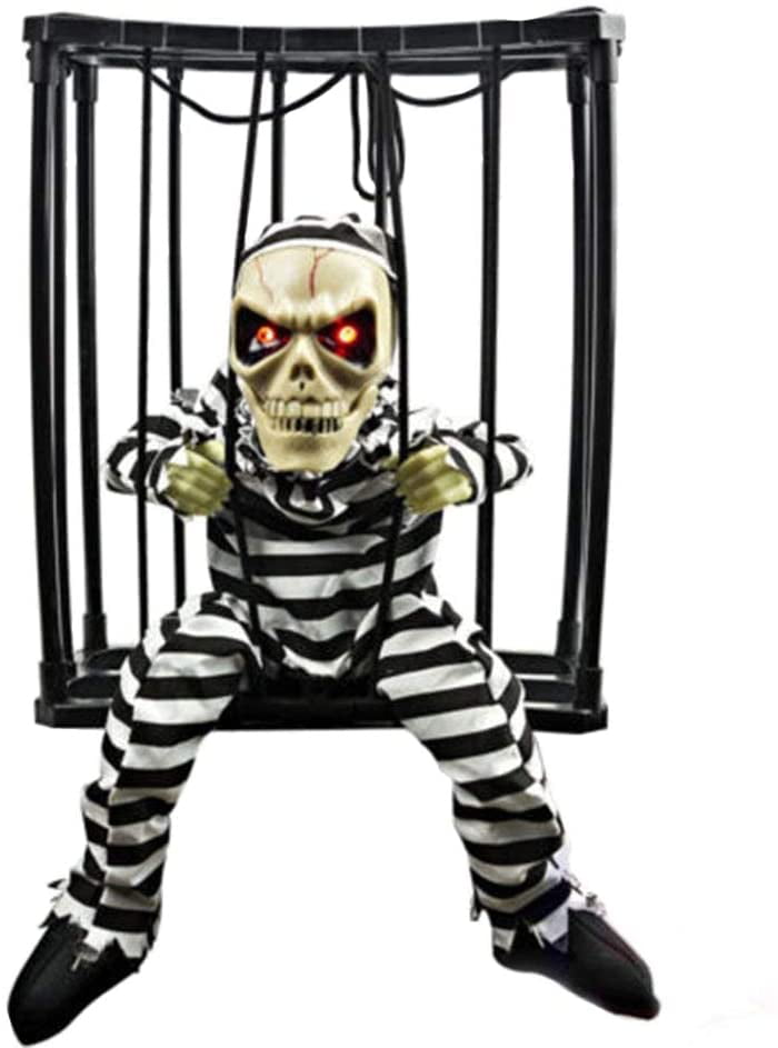 Halloween Motion Sensor Hanging Caged Animated Jail Prisoner One-eyed Skeleton Terror Decoration Flashing Light up Prop toy 
