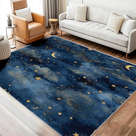 Moon and Stars Rug Washable Rug for Living Room Starry Sky Celestial Patterned Indoor Carpet Moon and Stars Decor for Home Bedroom Soft Non Slip Thin Design 5 x 8ft