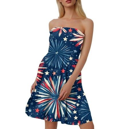 CHCNHAC Independence Day Beach Dresses for Women Stars and Stripes Print Dresses Patriotic Casual Flowy Swing Strapless Tea Party Dress Royal Blue S