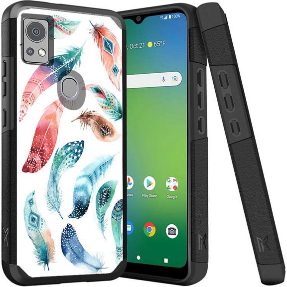 ANJ  Shockproof Dual Layer Slim Hard Case   Tempered Glass Cover Compatible with Icon 5, AT&T Motivate 4 - Colorful Feathers