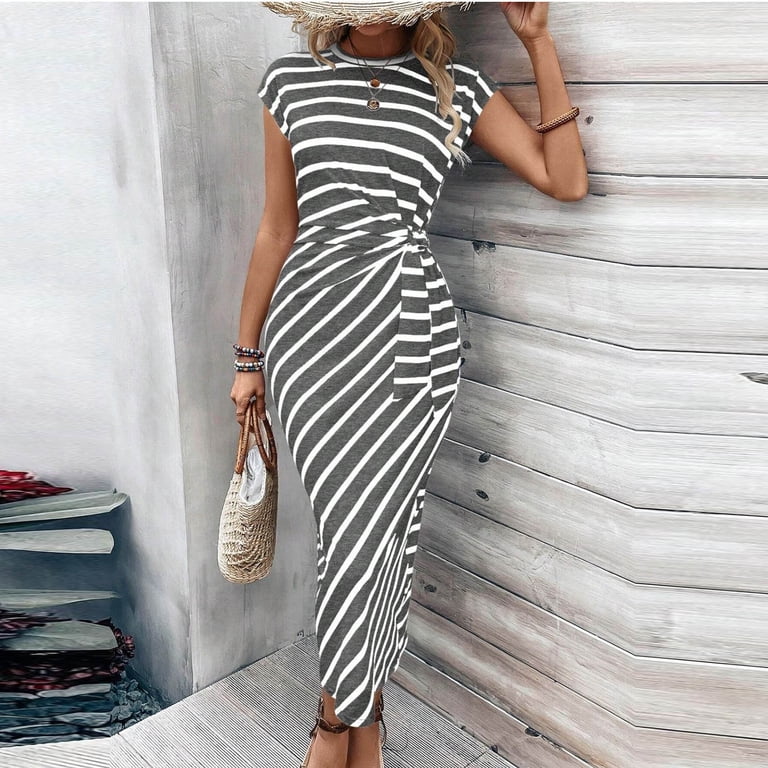 maxi bodycon summer dress for Dqueduo Women Striped Crew Neck Short Sleeve Dress Casual Waist Summer Dress Coffee L Bridesmaid Dresses Beach