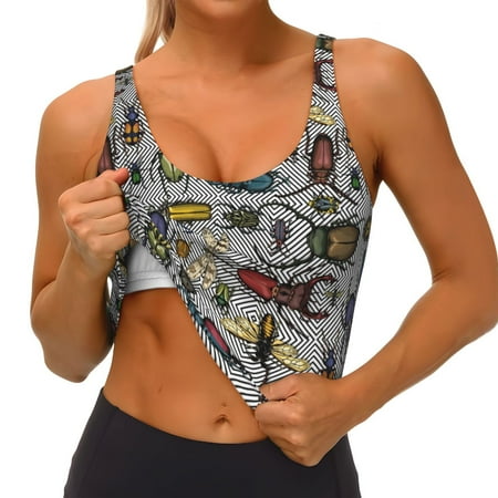 Qokaie Bright Insects Pattern Womens Scoop Neck Sports Bra Breathable Workout Vest Padded U Back Medium Impact Fitness Gym Yoga Bra Workout Crop Top