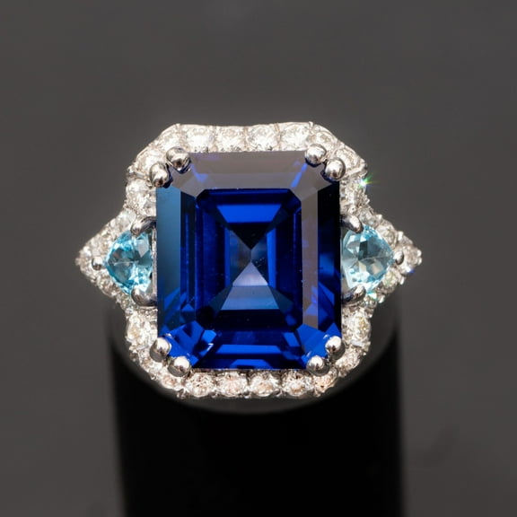 11.25 carat Lab blue sapphire ring with light blue topaz and natural diamonds, Statement sapphire ring