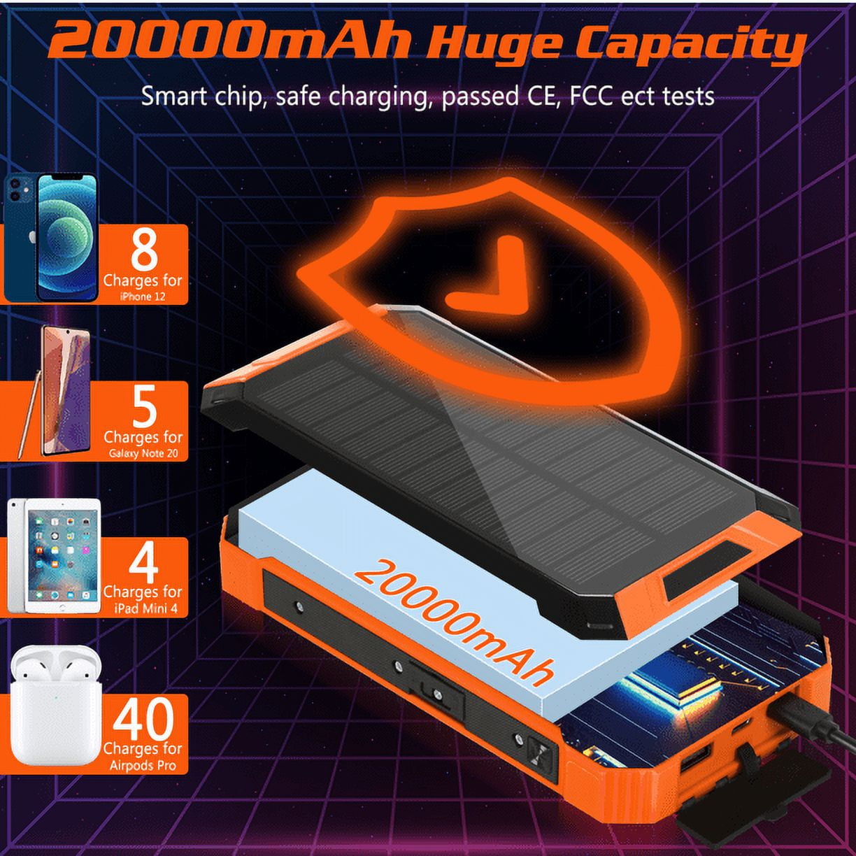Power Bank Solaire 20000 MAh Avec Manivelle - Banque D'énergie D'urgence Avec Lampe Torche, SOS, Boussole - Pour Camping, Randonnée, Survie