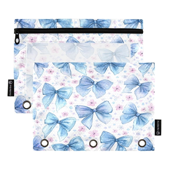 2 Pack 3 Ring Binder Pouch with Clear PVC Window Water Resistant Zipper Pencil Pouch Cute Light Blue Bows Pattern Binder Pocket for Classroom Office Home Stationery Organization