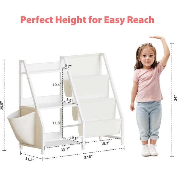 3 Tier Kids Bookshelf and Toy Storage, Kids Book Sling Shelf, Montessori Baby Toddler Bookshelf for Kid, Kid Bookcase, Toy Storage Organizer (White)