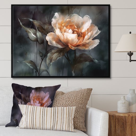 Designart "Dark Grey Setting For A Peach Flower" Poppies Floater Framed Wall Art Prints