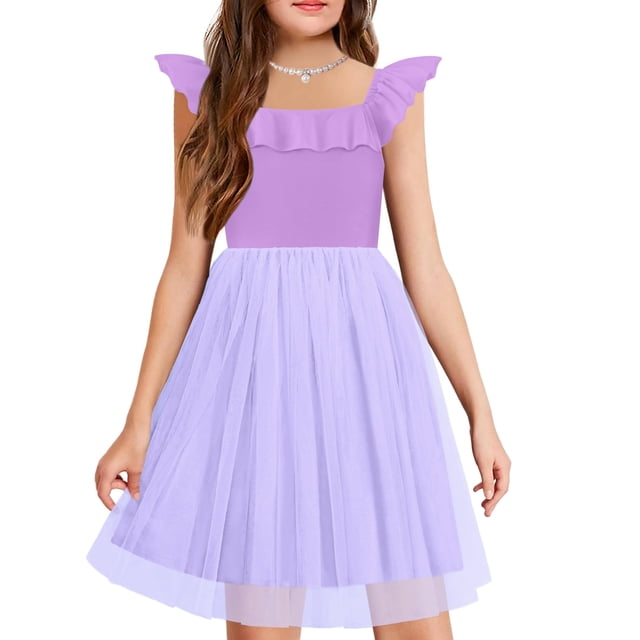 Vestido Arshiner para niña, verano, cuello con volantes, manga corta, morado