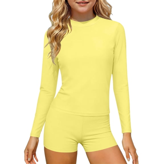 ITSAME Girls Rash Guard Swimwear Quick-Dry Long Sleeve Tops and Boyshorts Surfing Swimsuit 2-Piece Yellow Size 9-10