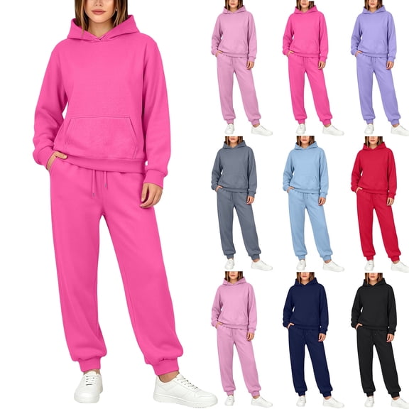 Women's 2 Piece Hooded Lounge Set Matching Sweatsuit | Loose Fit Lounge Sets Women , Airport Travel Outfits, Comfy Athleisure Fall Clothes, #01_Hot Pink, L