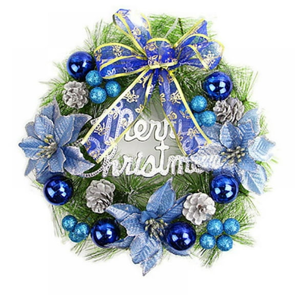 12 Inch Christmas Wreath for Front Door Silver Blue Christmas Door Wreath Decoration with Ball Ornaments Poinsettia Flowers Pine Cones