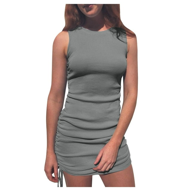 Mefallenssiah Women'S Summer Solid Color Fashion Slim Pleated Thread Drawstring Sleeveless Crew Neck Dress