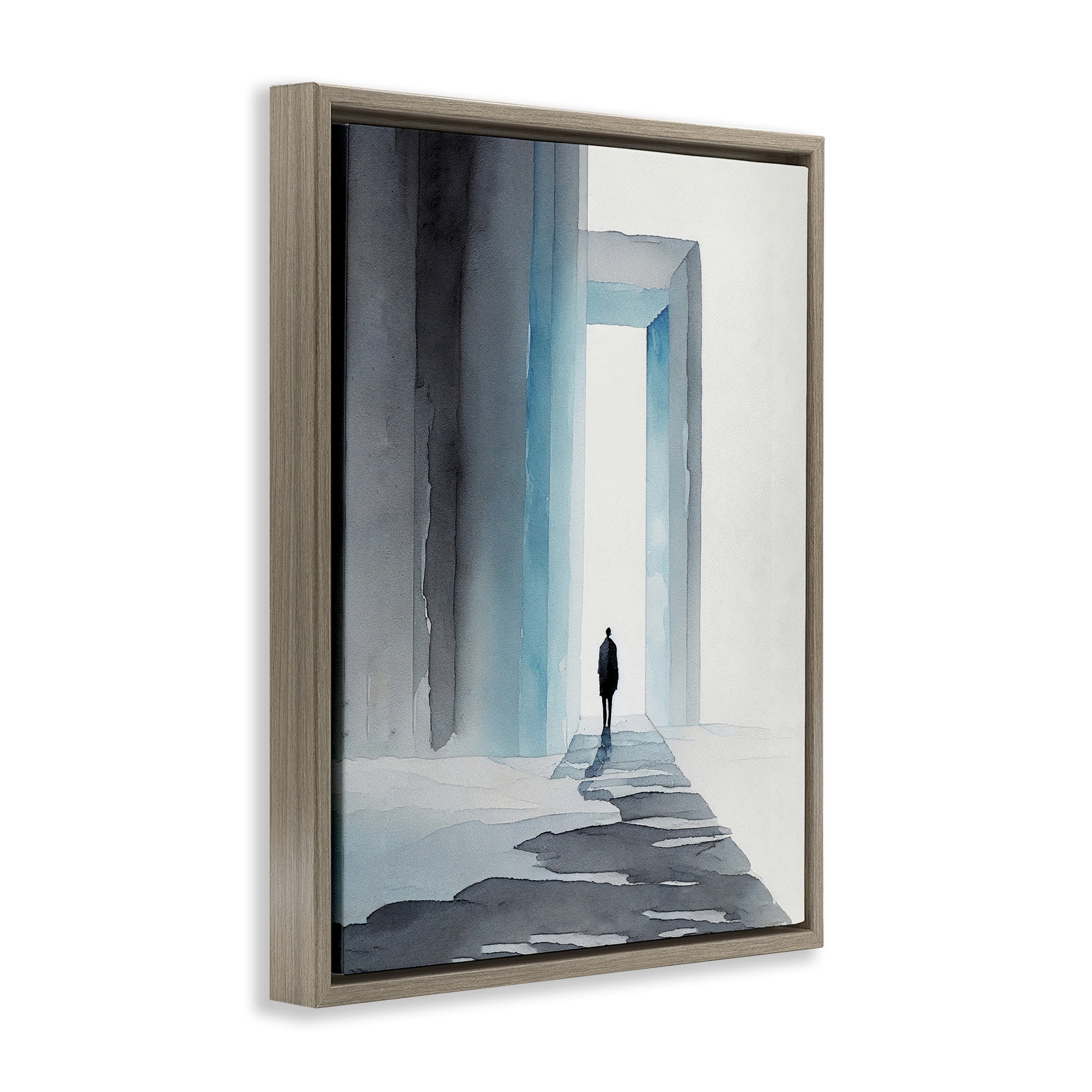 Stupell Industries Person with Snowy Doorway Landscape Painting Brown Floater Framed Canvas Art Print Wall Art, 17 x 21