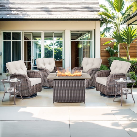Gymojoy 7-Piece Patio Conversation Set with 4 Swivel Glider Lounge Chairs with 5 Inch Cushions and 41 Inch Fire Pit Table,50,000 BTU, Outdoor Furniture Set for Garden, Deck, Backyard