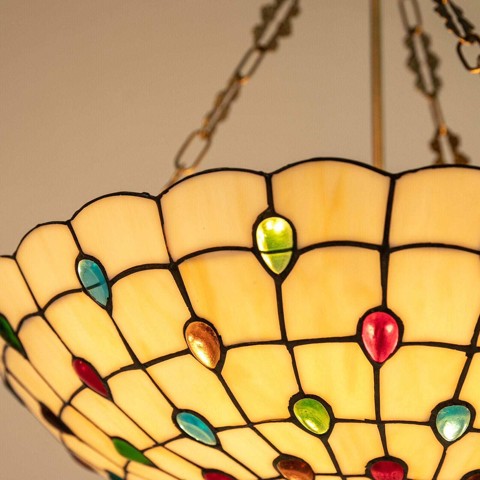 TFCFL Tiffany Style Hanging Pendant Lamp Stained Glass Chandelier Domed Peacock Tail Ceiling Light Fixture E26