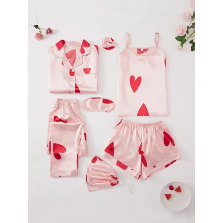 

Valentine‘s Day Women‘s Heart Pattern Satin Multi-functional Pajamas Long-sleeved Tops Trousers Vest Shorts Eye Mask Turban Bag Set