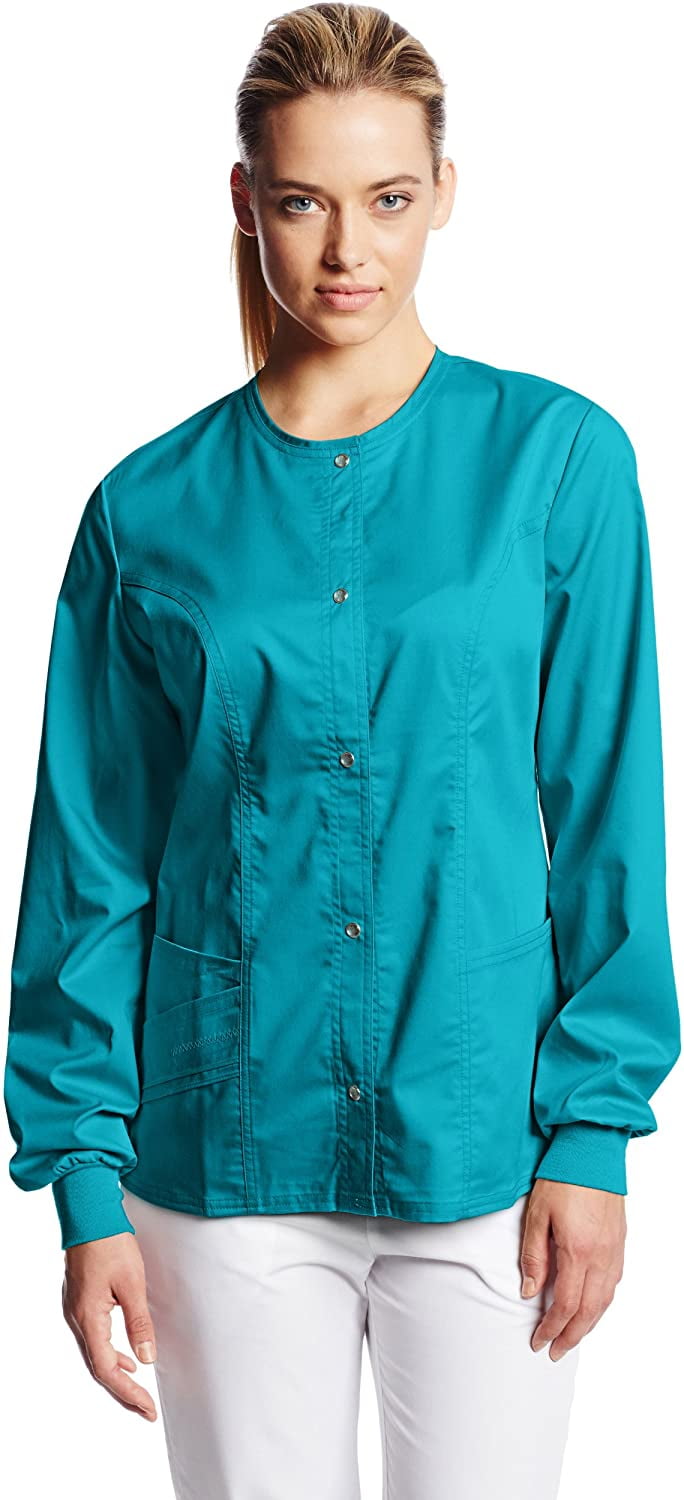 Cherokee Women's Scrubs Luxe Snap Front Warm Up Jacket, Teal, Medium