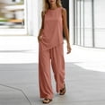 thumbnail image 5 of ibuvkizy Linen Outfit Set Women 2 Piece Sleeveless Round Neck Asymmetrical Hem Tank Tops and High Waist Wide Leg Pants with Pockets and Drawstring,Casual Loose Lounge Sets for Summer Beach Vacation, 5 of 7