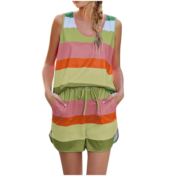 Conjunto de pantalones cortos informales con cuello redondo y cuello redondo sin mangas a rayas de verano para mujer Fridja fhjkhfk459591