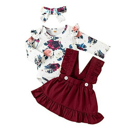 

StylesILove Baby Toddler Girls Ruffle Long Sleeve Floral Bodysuit Suspenders Skirt and Headband 3pcs Overall Dress Outfit (24 Months Burgundy)