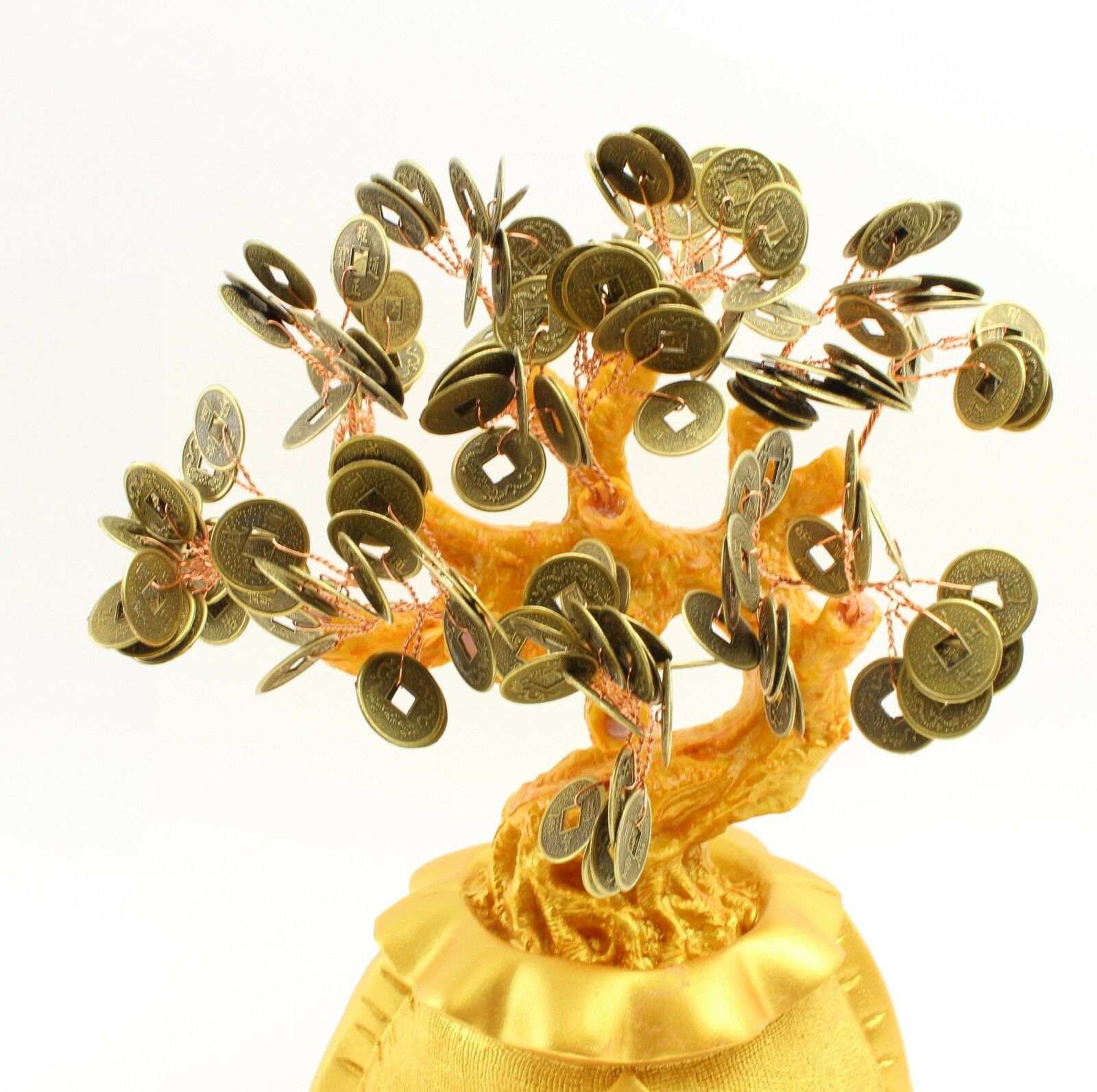 Large 9" Feng Shui Gold Money Tree Gold Coin Fortune Bag Pot Prospero Gathering KT00171