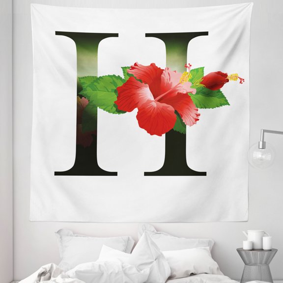 Letter H Tapestry, Hibiscus Design Green Leaves Vibrant Color Flower Natural Pattern Print, Fabric Wall Hanging Decor for Bedroom Living Room Dorm, 5 Sizes, Vermilion Green Black, by Ambesonne