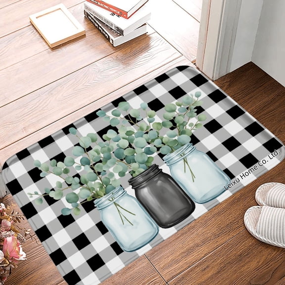 FJPT Non Slip Flannel Polyester Floor Mat With Eucalyptus And Mason Jar Design For Bathroom Kitchen Bedroom Decor 31.5x19.7 inch