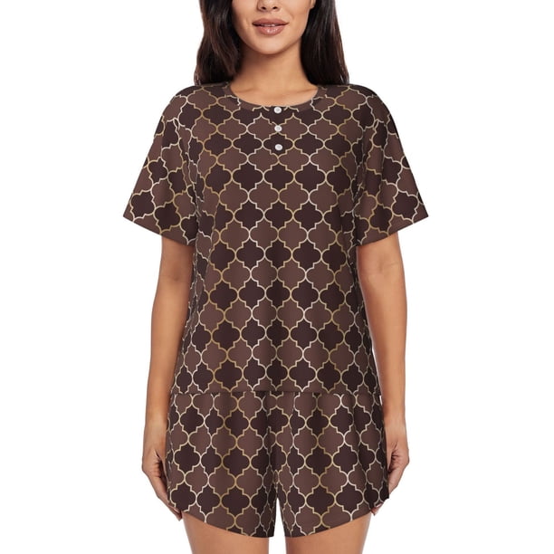 Balery Brown Gold Grid Conjunto de Pijama para Mujer con Estampado, Dos Piezas de Manga Corta y Shorts, Ropa de Dormir Suave con Cuello Redondo y Bolsillos-Medium