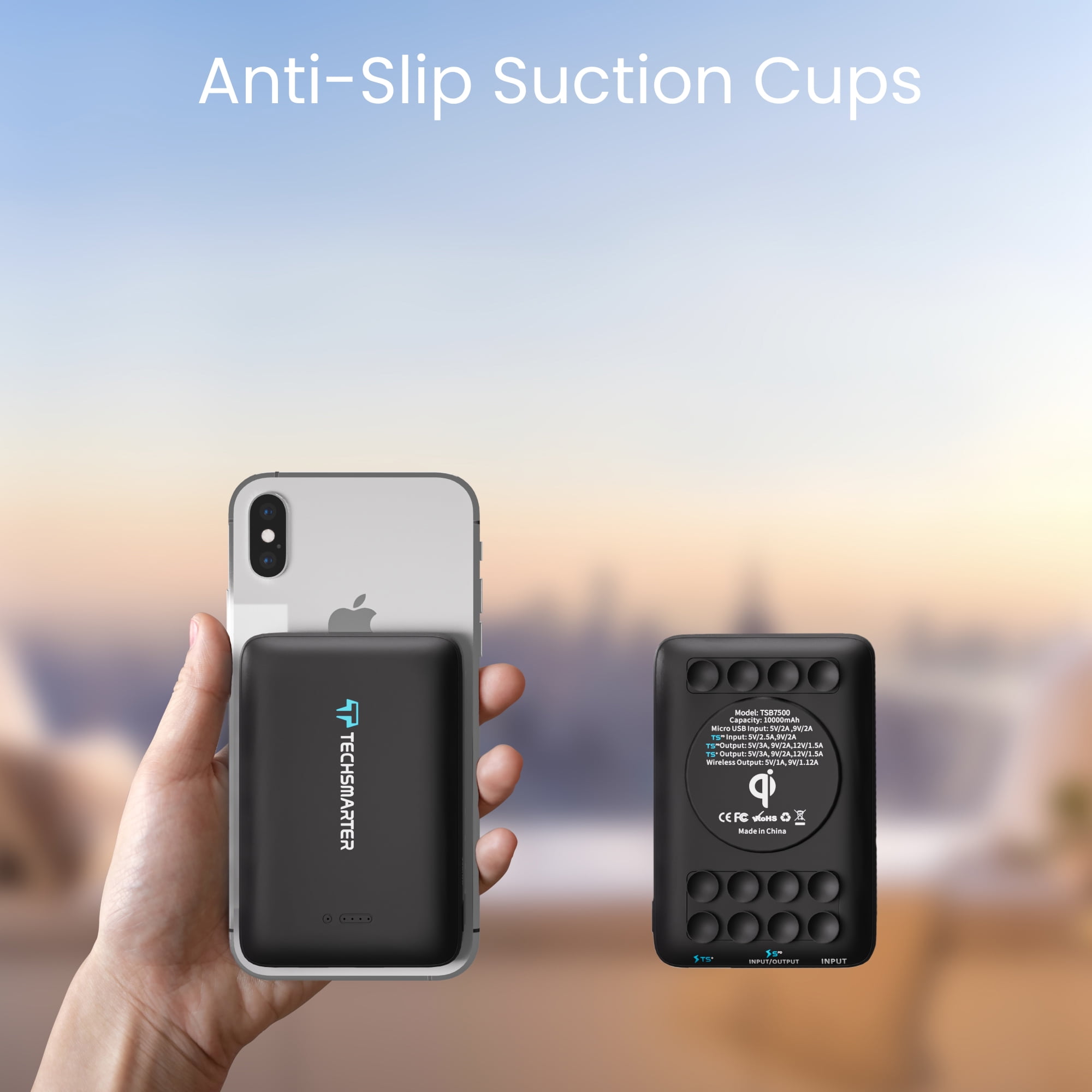 Techsmarter 10000mAh 18W USB-C PD Qi Wireless Power Bank Portable Charger with Anti-Slip Suction Cups. Compatible with iPhone, Samsung Galaxy, LG ThinQ, Droid, and More