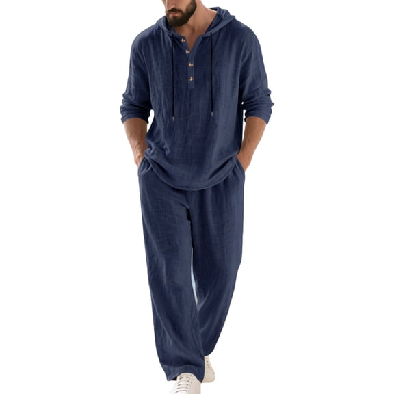 Makaor Linen Sets for Men Big and Tall 2 Piece Solid Color Summer Outfits with Pockets Matching Sets Long Sleeve T Shirts Drawstring Long Long Pants Casual Beach Vacation Clothes
