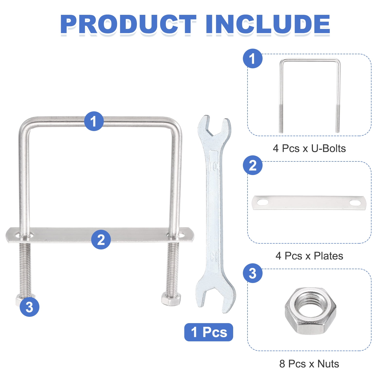 Uxcell 4 Sets M8 Square U-Bolts, 3.58" Inner Width 5.12" Length 304 Stainless Steel U Clamp Bolts with Nuts, Plates and Wrench
