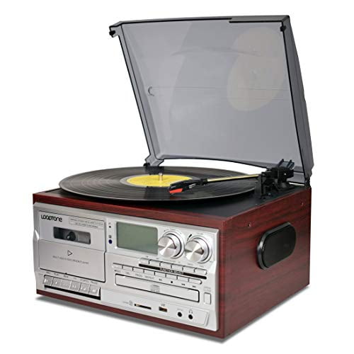 LoopTone Reproductor de discos de vinilo 9 en 1 Tocadiscos vintage Bluetooth de 3 velocidades Reproductor de casete de CD Radio AM/FM Grabadora USB Entrada auxiliar Salida de línea RCA (Plata)