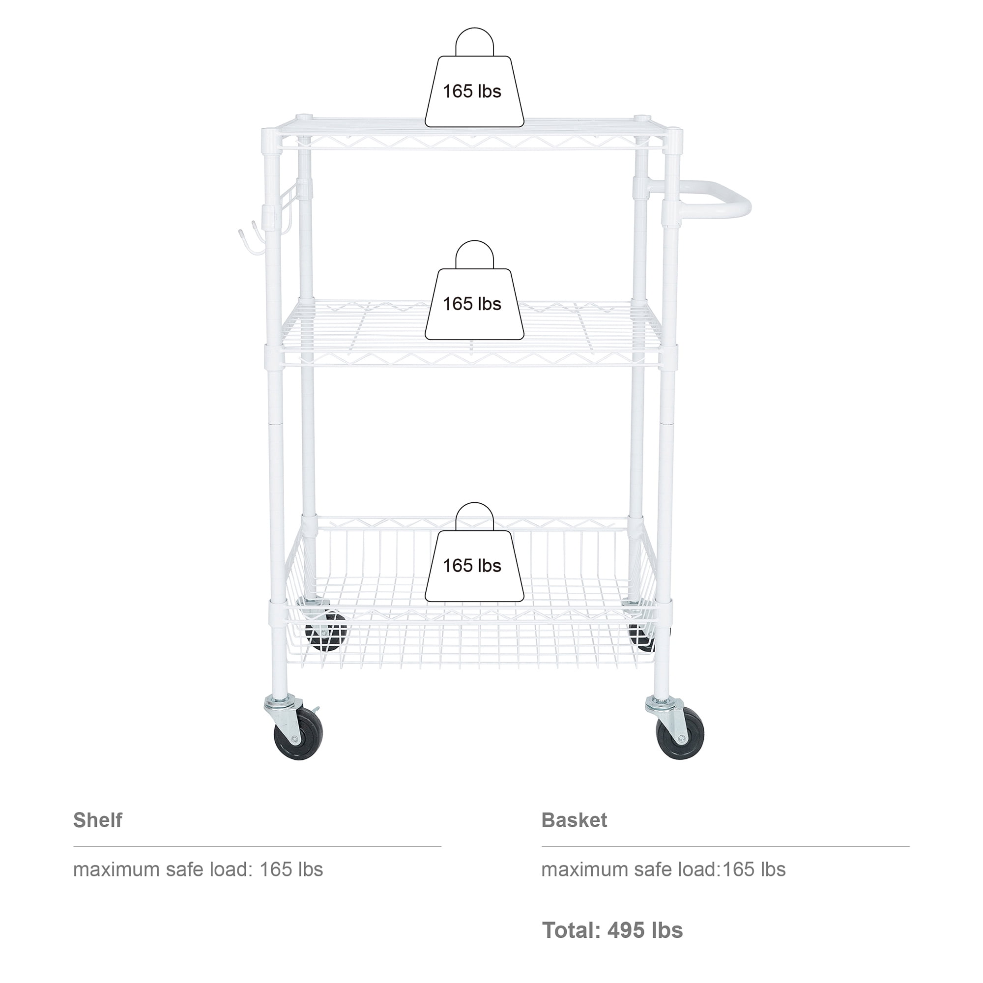 Hyper Tough 3-Tier Rolling Utility Cart, White, 495 lb Load Capacity