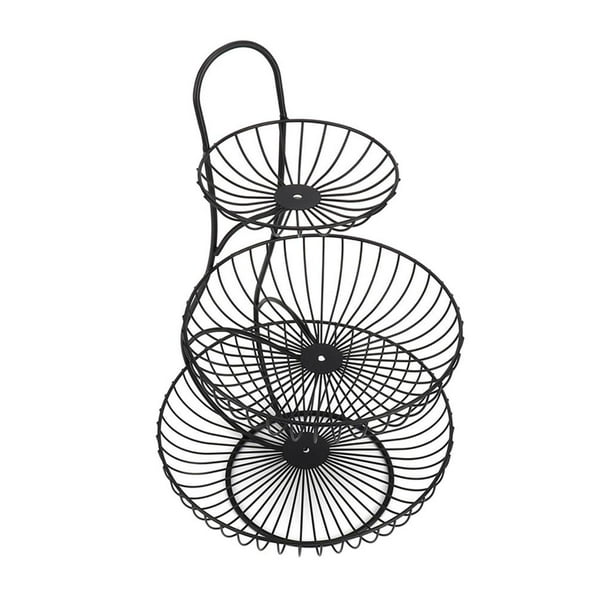 Cesta de almacenamiento redonda de metal sencilla de 2 niveles para platos de fruta. Nivel 3 negro