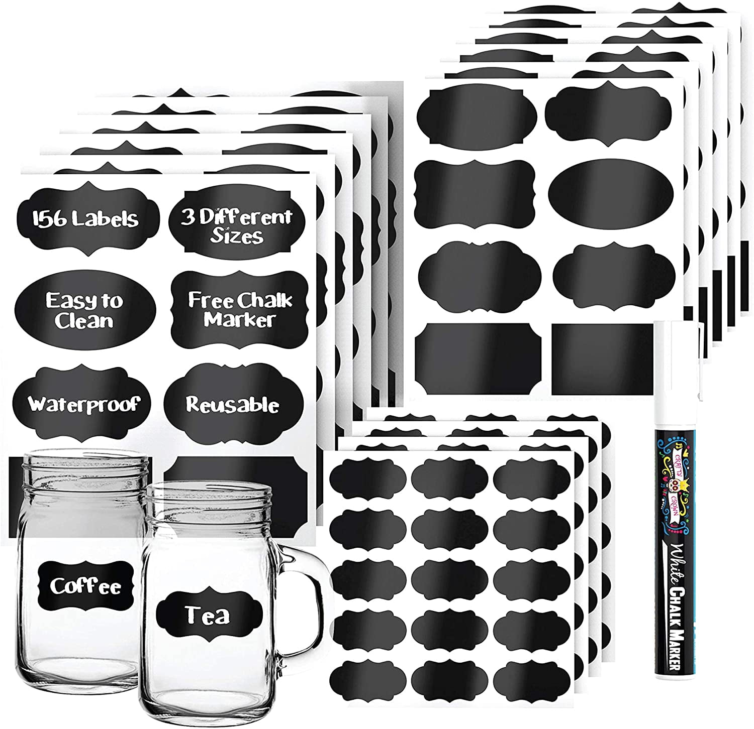 Glass Jars LGT 80 X Black Shaped 9cm x 5cm Waterproof Reusable Blackboard Chalk Board Stickers Labels for Craft 