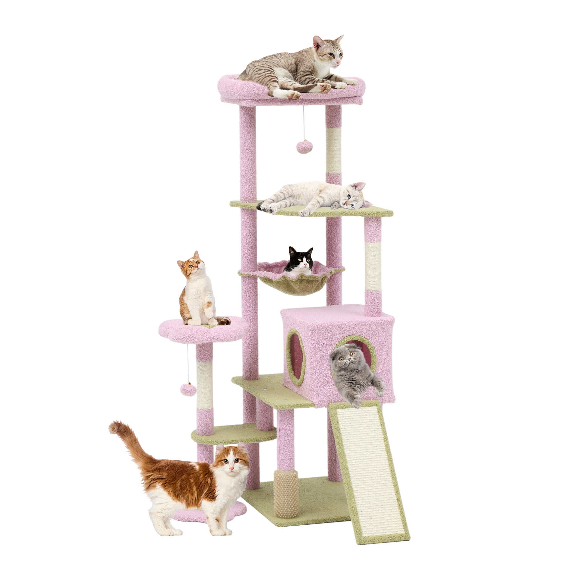 Uforic 61" Flower Cat Tree,Cat Tree Cute with Scratching Posts Tower with 3 Sisal Scratching Posts & Hammock for Medium Indoor Cats, Pink